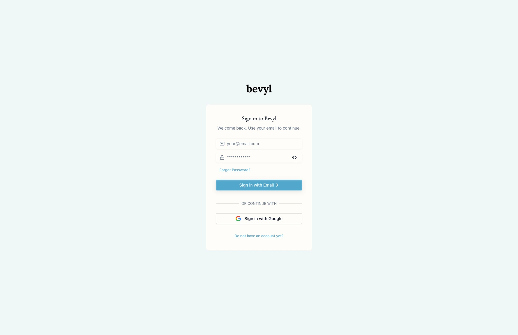 Bevyl sign-in page