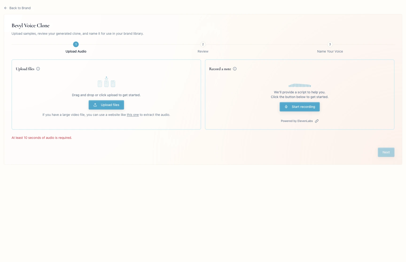The Bevyl Voice Clone page with Upload files and Record a note options