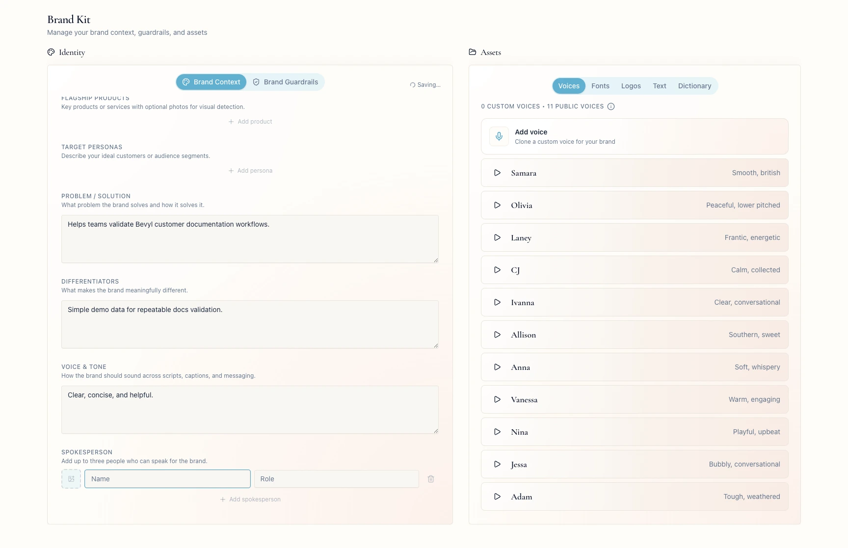 Spokesperson fields with Name, Role, and Save changes visible