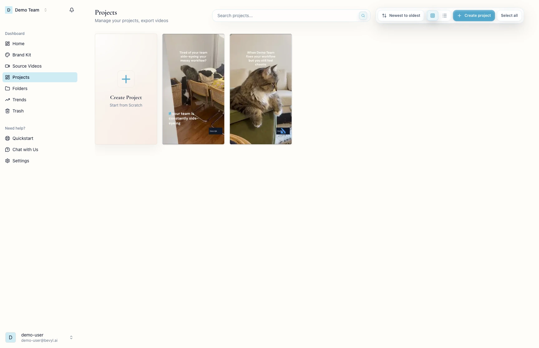 Projects page with the Create project button