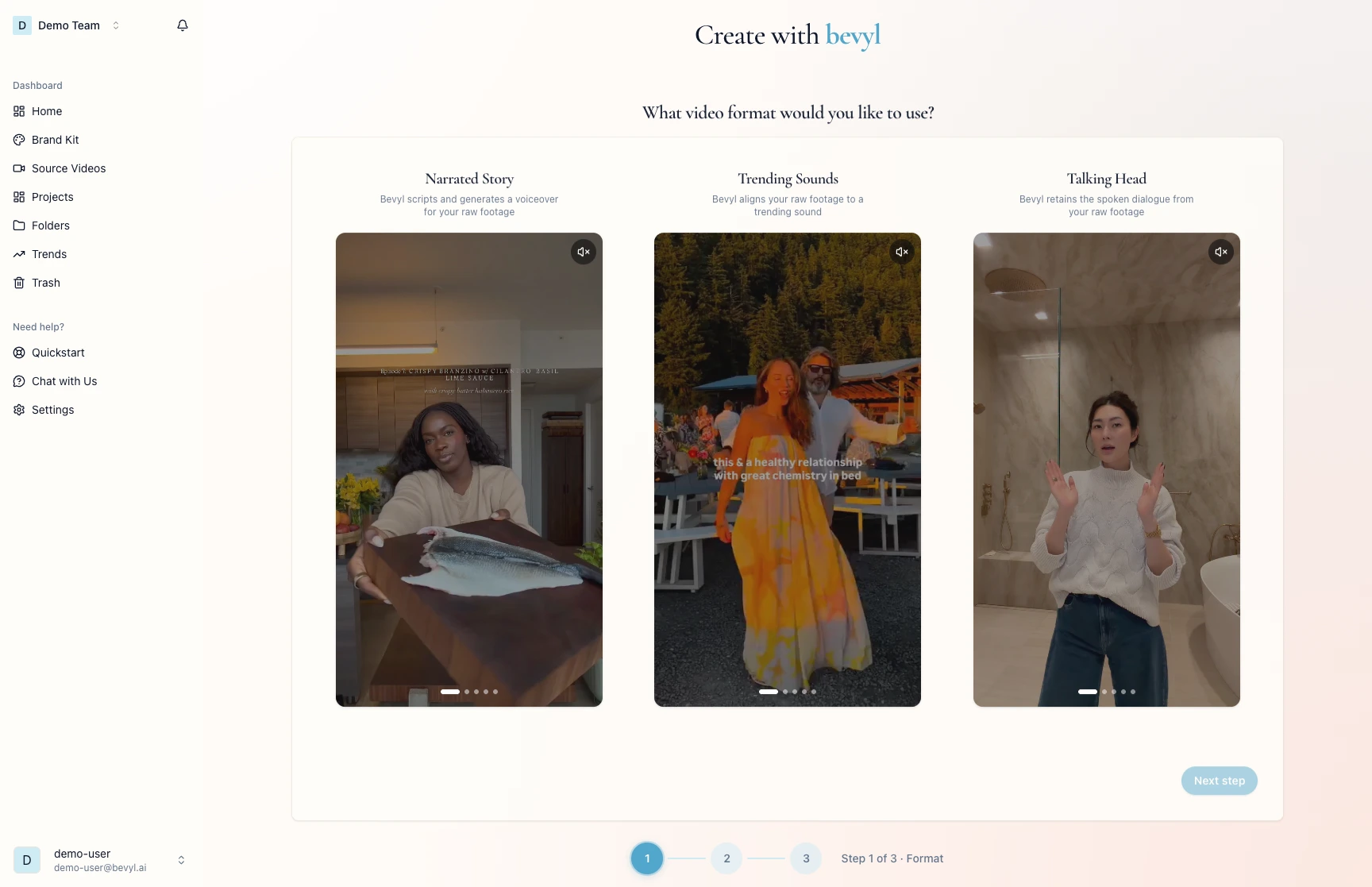 Format selection screen with Narrated Story, Trending Sounds, and Talking Head