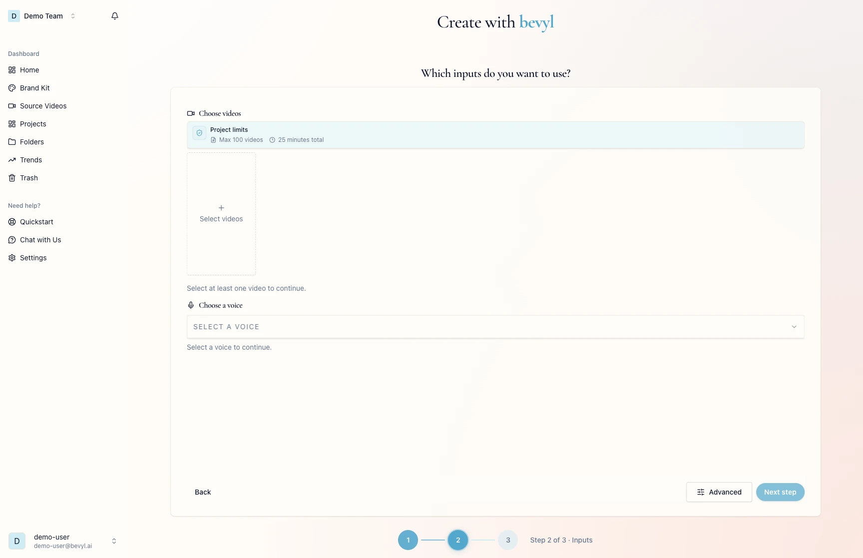 Inputs step showing Choose videos and Choose a voice sections