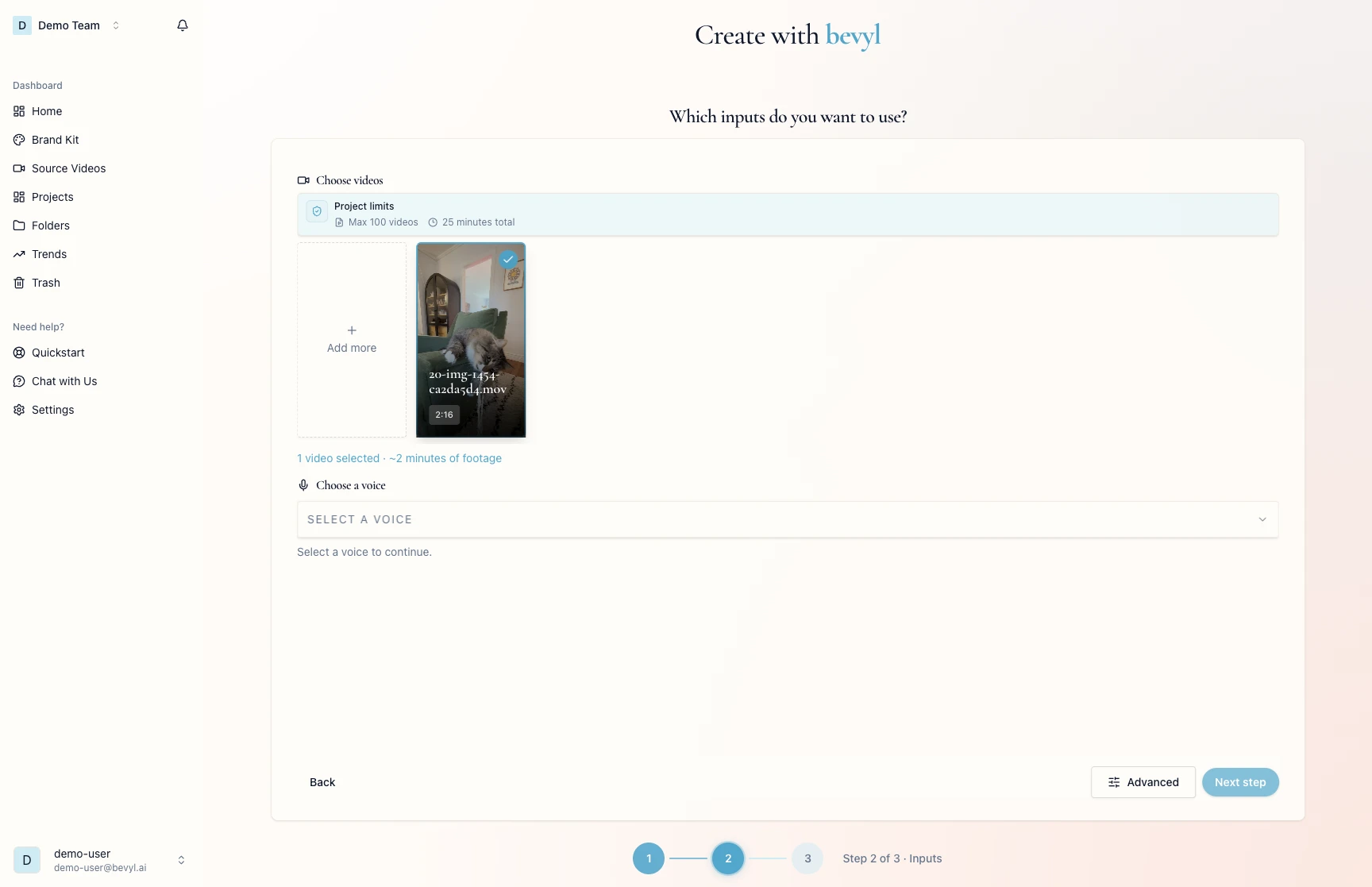 Inputs step after confirming the video selection