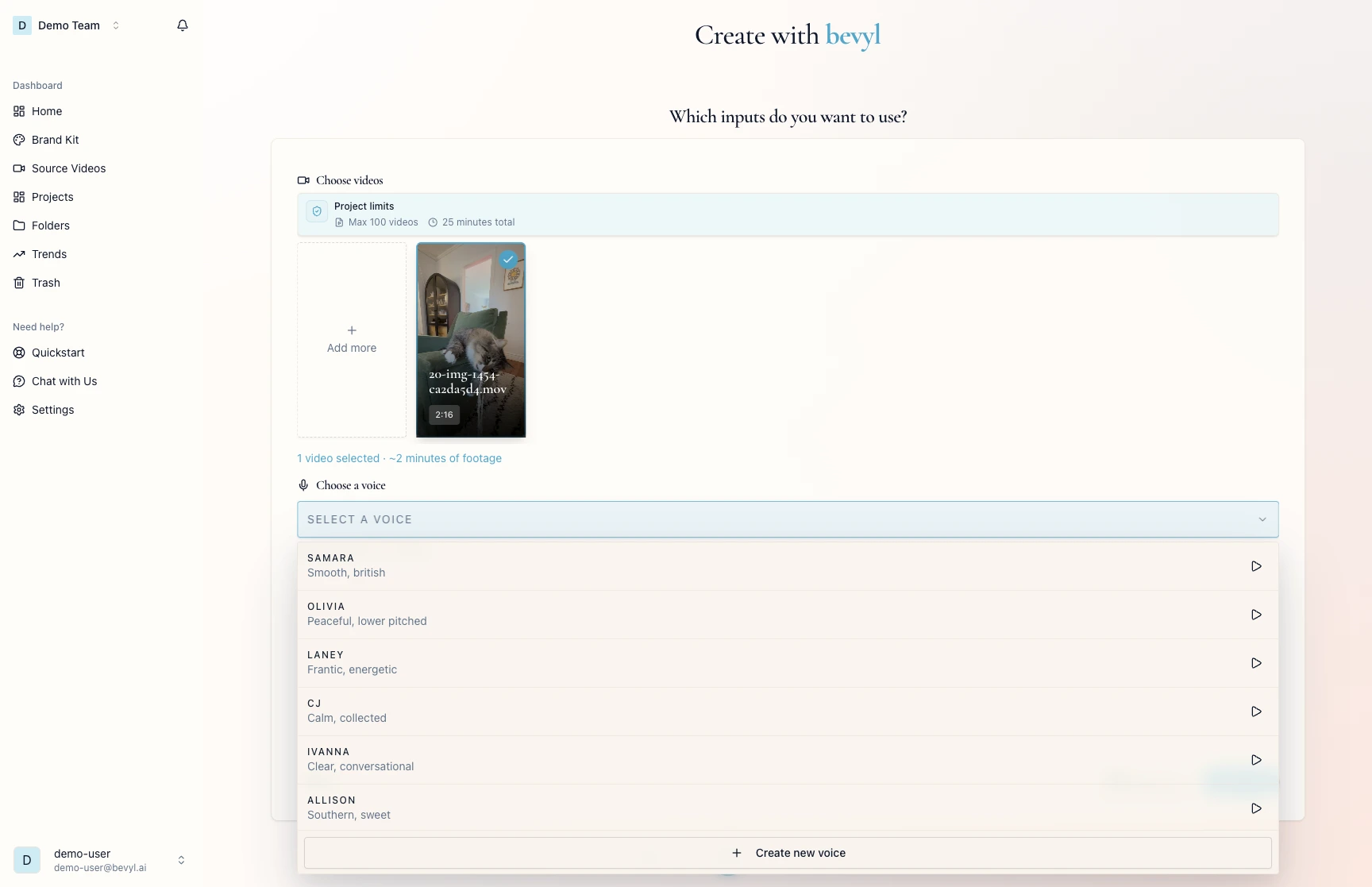 Voice dropdown open showing available voice options