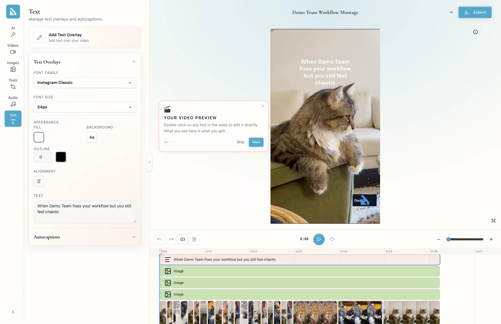 Editor Text panel with Text Overlays and Autocaptions sections