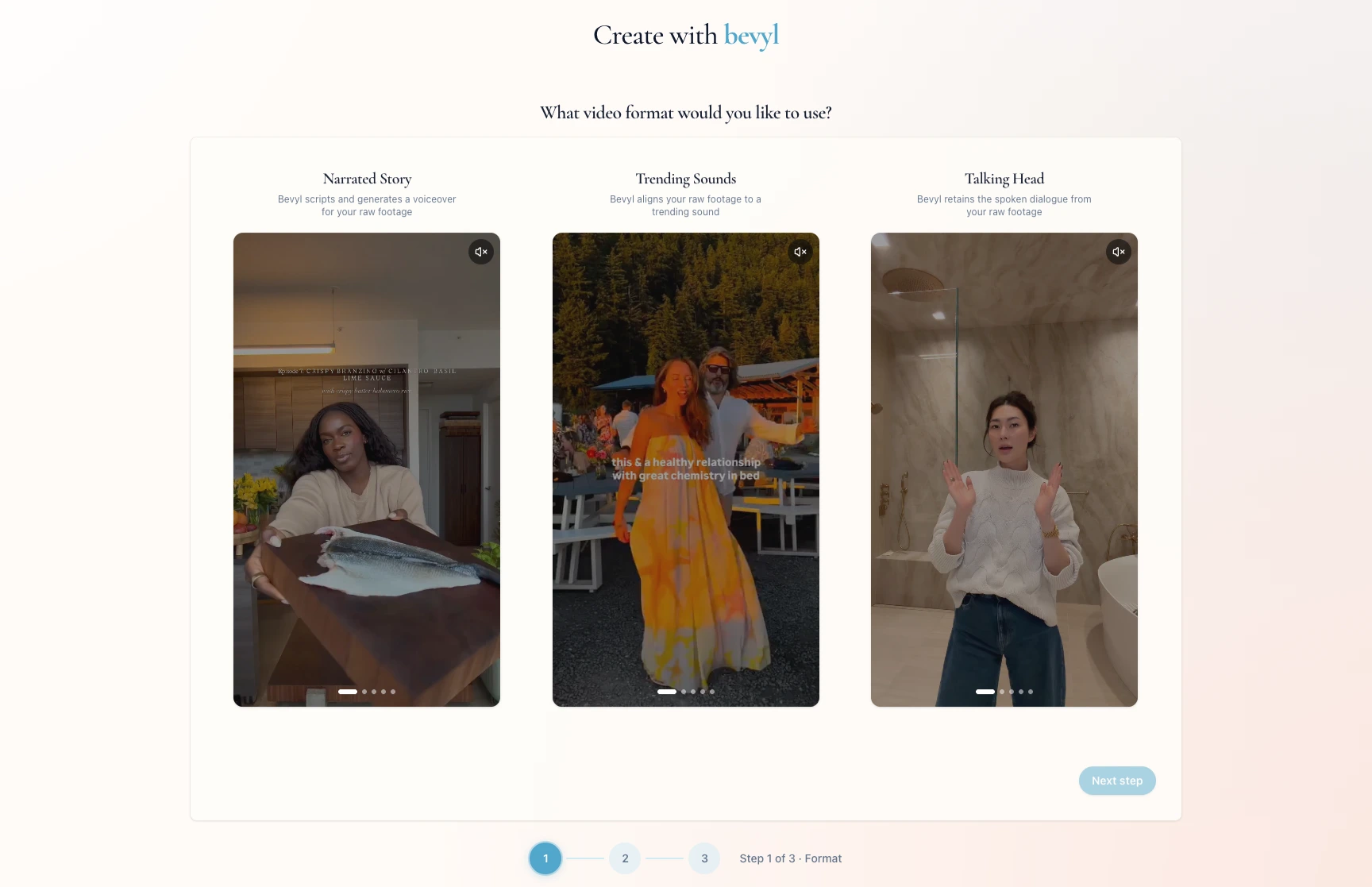 The format selection screen showing Narrated Story, Trending Sounds, and Talking Head options