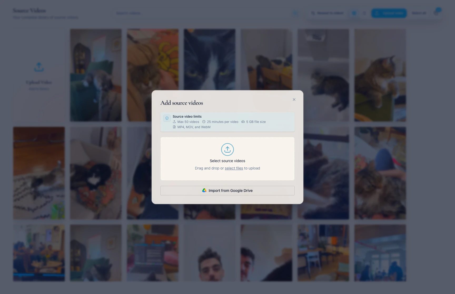 The Add source videos dialog with device upload options