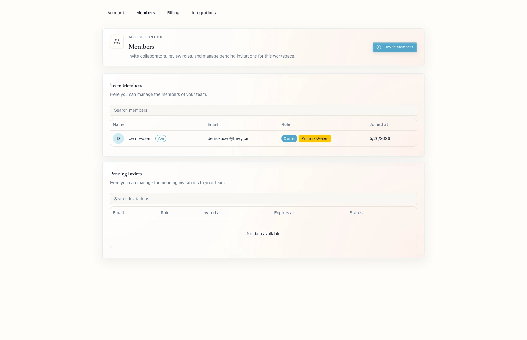 The workspace members page in Bevyl