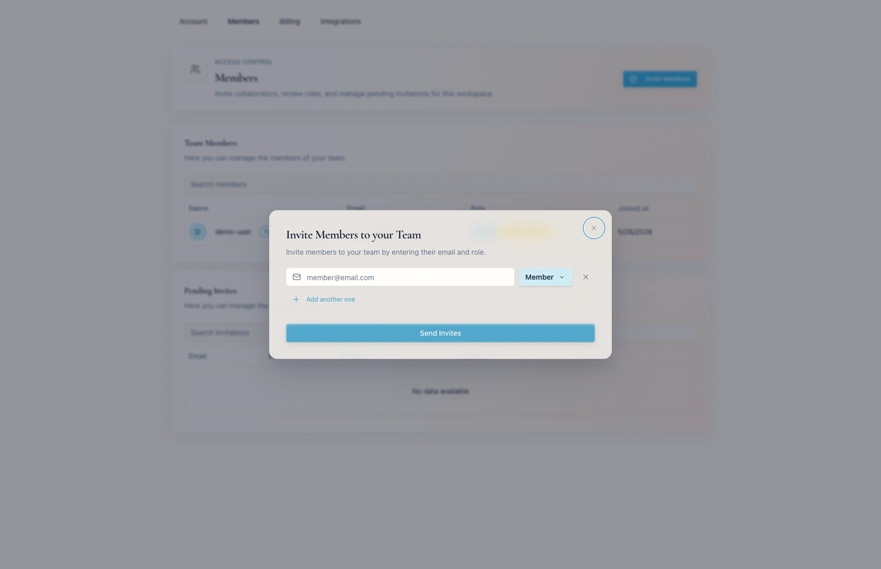 Invite Members dialog in Bevyl