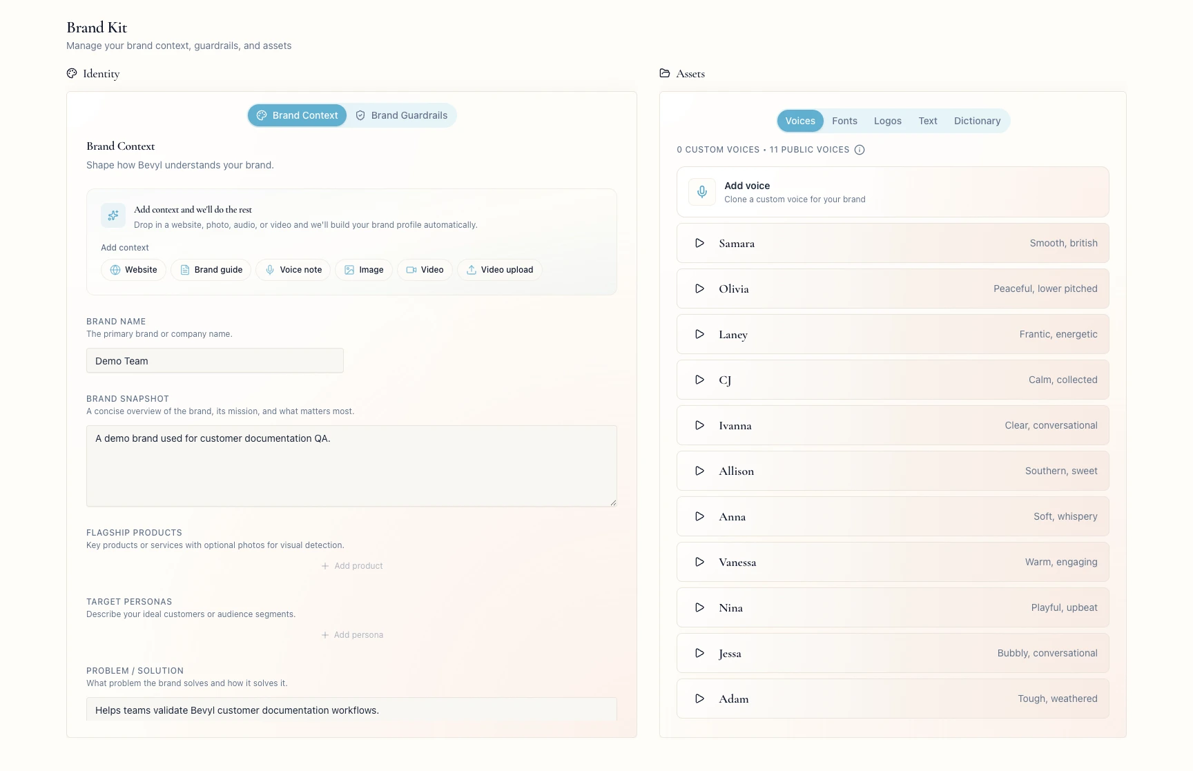 The Brand Kit page with Identity and Assets sections