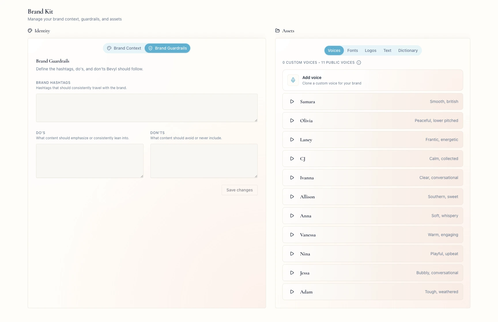 The Brand Guardrails tab with hashtag, do, and don't fields